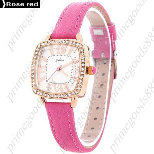 Square Rhinestone Genuine Leather Lady Ladies Quartz Wristwatch Women&#039;s Rose Red