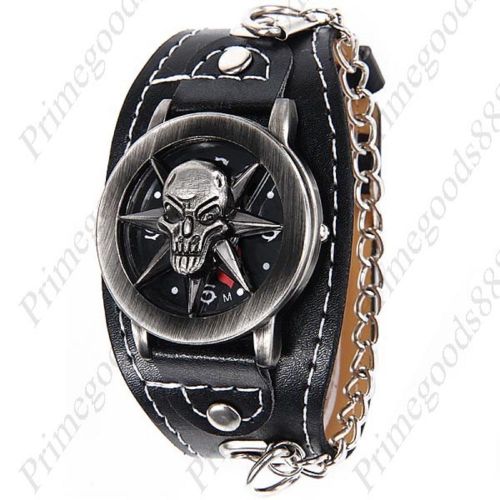 Ghost skull wristwatch chain mc biker pu leather flip quartz analog wrist men&#039;s for sale