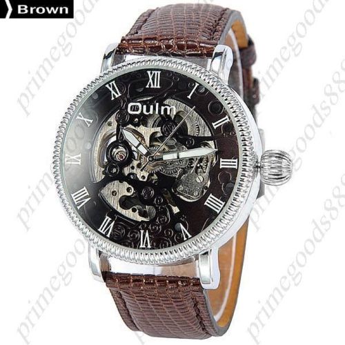 Round pu leather strap see through auto mechanical wrist men&#039;s wristwatch brown for sale