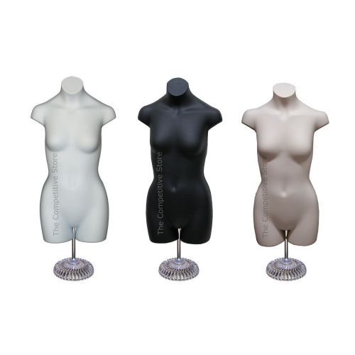 3 Teen Girl Dress Mannequin Form + Economic Plastic Base Black White Flesh 10-12