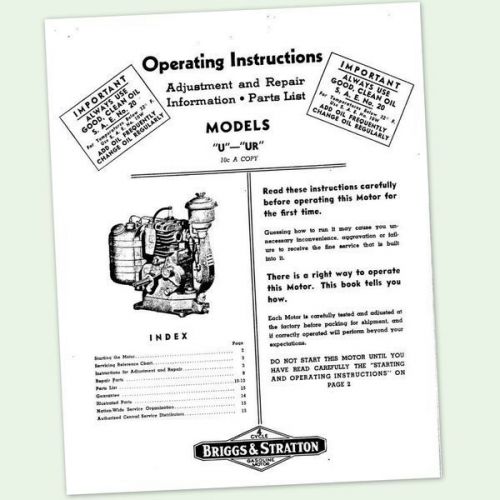 BRIGGS AND STRATTON U UR ENGINE OWNERS OPERATORS REPAIR PART MANUAL SERVICE BS