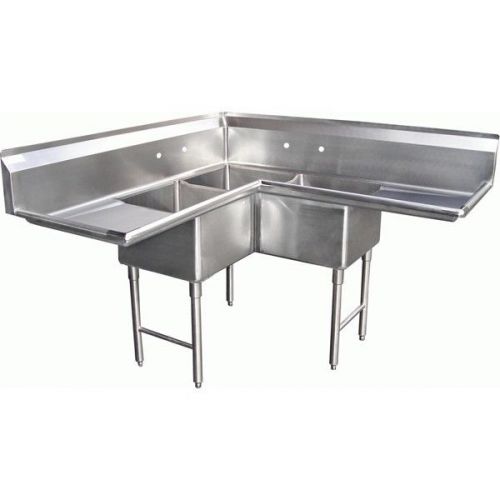 3 compartment corner l-shape sink 24&#034;x24&#034; 2 drainboard for sale