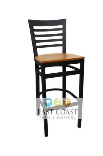 New Gladiator Full Ladder Back Metal Restaurant Bar Stool with Natural Wood Seat