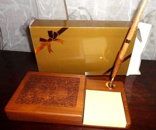 LASER WOOD CARVED BUISNESS CARD PEN MEMO NOTE PAD HOLDER STAND DESK SET THAILAND