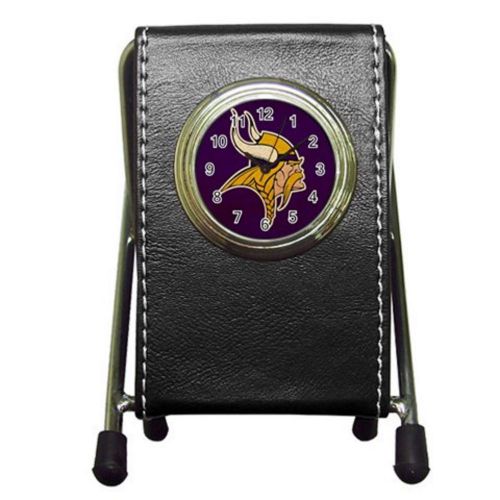 Custom Minnesota Vikings Leather Pen Holder Desk Clock (2 in 1) Free Shipping