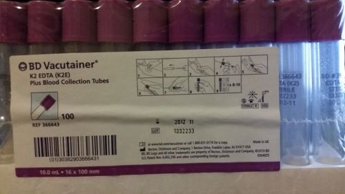 100 NEW BD VACUTAINER K2 EDTA (K2E) PLUS BLOOD COLLECTION TUBES EXP 2012-11