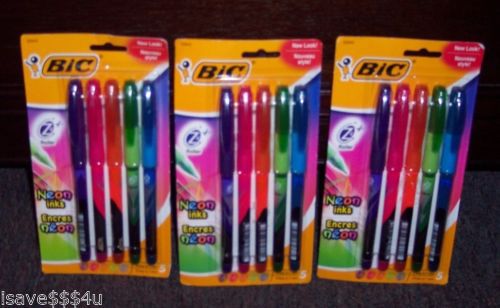 3 PKGS BIC Z4+ ROLLER BALL PENS 5 PK NEON INK - 15 FINE PT PENS - 5 NEON COLORS