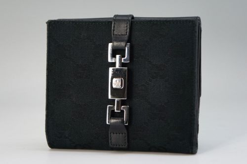 Auth GUCCI Bi-Fold Wallet GG Canvas Leather Black Push-Pin Lock Free Ship 591f08