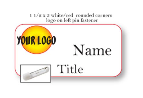 1 white red name badge color logo on left 2 lines of imprint pin fastener for sale