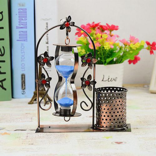 Metal Pen Pencil Holder Glass Hourglass Sandglass Timer Clock Home Office Decor