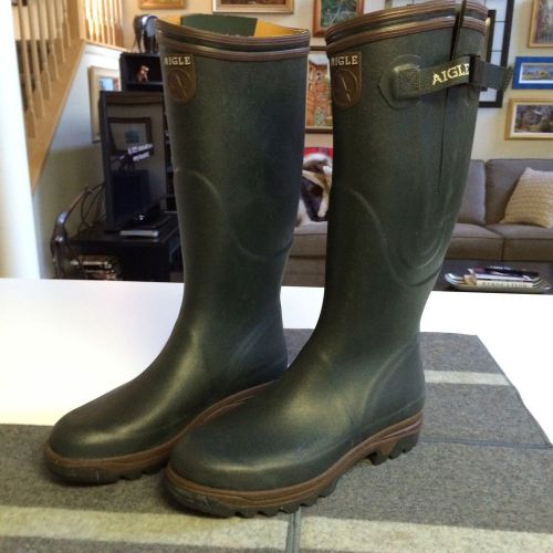 SUPERB SIZE EUR 43 USA 10 AIGLE WELLINGTON GREEN RUBBER HIGH BOOTS MINT UNUSED