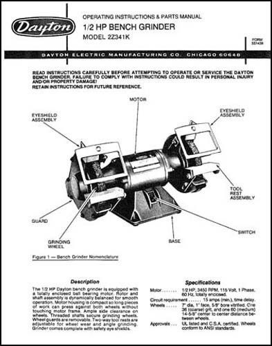 Dayton bench grinder parts and operating manual for sale