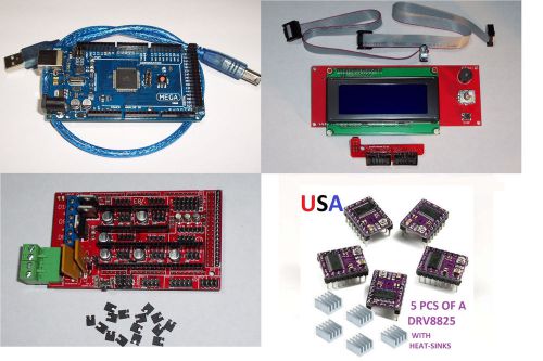 Mega2560,ramps1.4 3d printer board &amp; 5pcs-drv8825 &amp; lcd2004 smart display usa! for sale