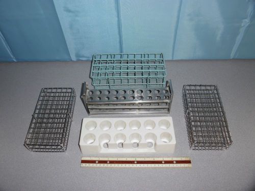 LARGE Lot of 5 Assorted Test Tube Racks 3 Stainless Steel 1 Painted 1 Plastic