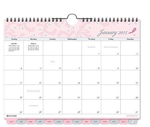 NEW 2015 DAY-TIMER PINK RIBBON TABBED CALENDAR - 11259 - 11&#034; X 8.5&#034; - FLORAL ART