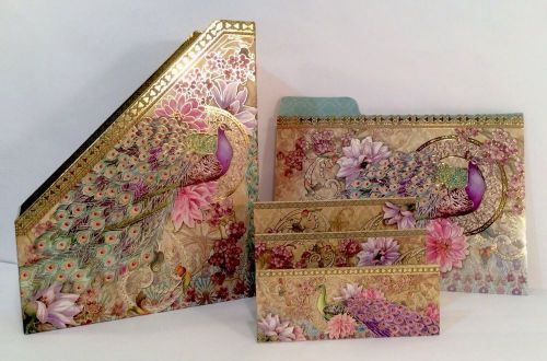 New Punch Studio Lavender Peacock folders, mail sorter, magazine holder Desk Set