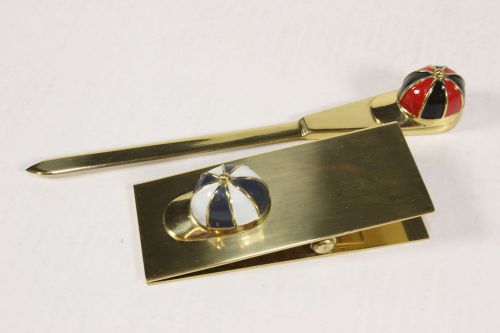 Brass &amp; Enamel Desk Set Baseball Themed Letter Opener &amp; Paperweight Paper Clamp