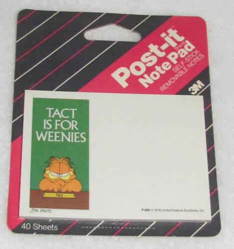 New! 1990 3m garfield jim davis post-it notes &#034;tact is for weenies&#034; pad u.s.a. for sale