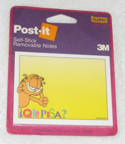 NEW! 1994 3M GARFIELD JIM DAVIS POST-IT NOTES PAD &#034;QUE PASA?&#034; WHATS UP 40 SHEETS