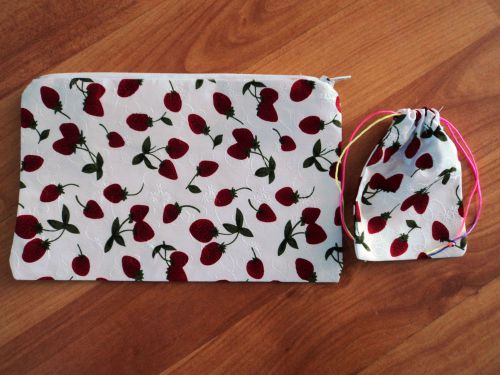 Handmade ^^ All purpose cotton lined fabric pencil etc + USB case STRAWBERRY ^^