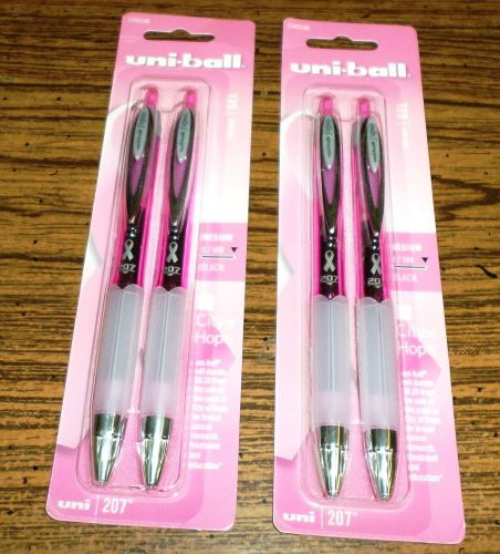 Uni-ball pink ribbon 207 retractable black  medium point gel pens,( 2 x 2 packs) for sale