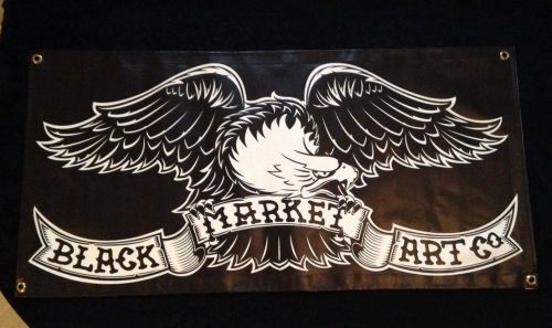 Black market art co. black white eagle vinyl banner metal rivets 40&#034; x 20&#034;euc for sale