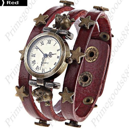 Stars Skull Analog PU Leather Quartz Wrist Lady Ladies Wristwatch Women&#039;s Red