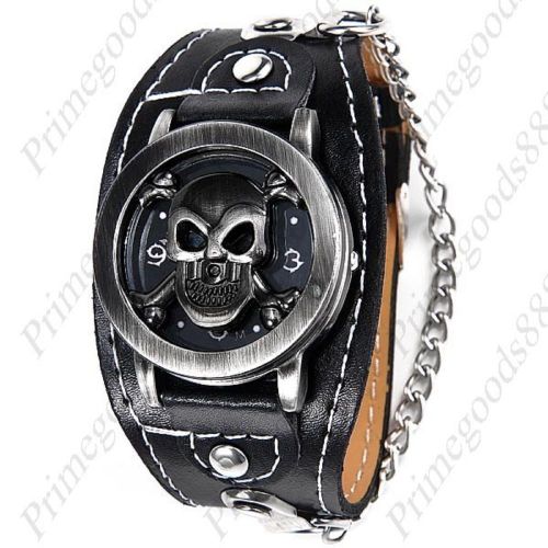 Skull Bones Wristwatch Chain MC Biker PU Leather Flip Quartz Analog Wrist Men&#039;s