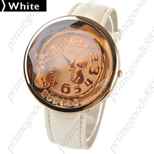 Cat Cats Round Rhinestone Gold Face Quartz Wrist Wristwatch Women&#039;s White