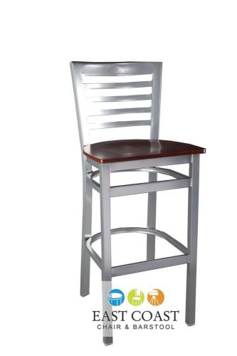 New Gladiator Silver Full Ladder Back Restaurant Bar Stool w/ Mahogany Wood Seat