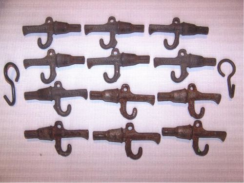 ANTIQUE, 12 WARNER CAST IRON MAPLE SUGARING SPILES/TAPS &amp; 2 BUCKET HOOKS