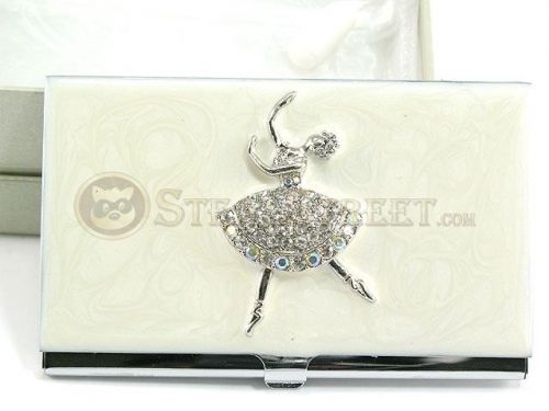 3.75&#034;&#034; White Enameled Austrian Crystal Ballerina Business Card Holder