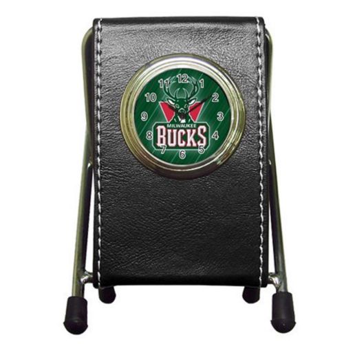 Custom Milwaukee Bucks Leather Pen Holder Desk Clock (2 in 1) Free Shipping