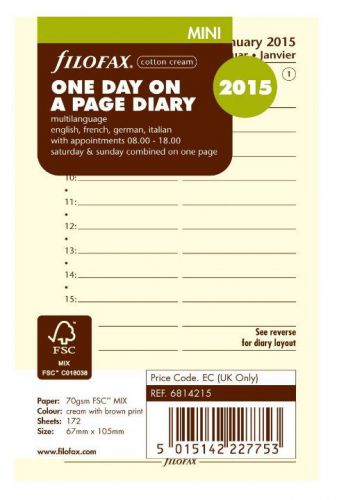 Filofax Refill 2015 Mini Day Per Page Cotton Cream