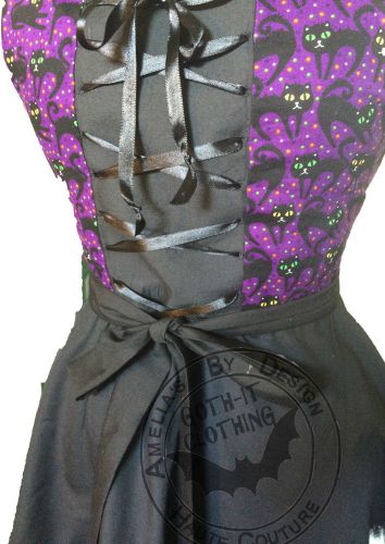 VINTAGE RETRO APRON SWING GOTHIC STEAMPUNK GYPSY UNIQUE DESIGN BLACK/PURPLE CATS