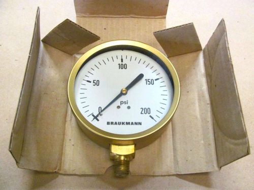 Vintage braukman 0-200 psi dry gauge, 4&#034; diameter, with 1/4&#034; threaded connector for sale