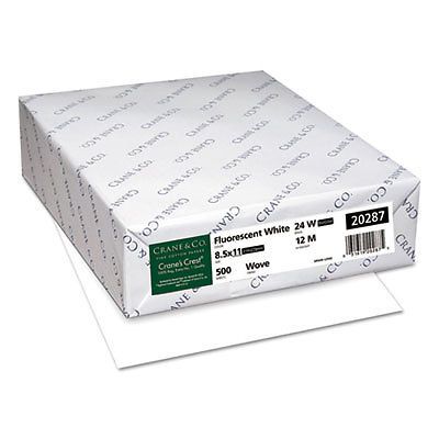 CRANE&#039;S CREST 100% Cotton Paper, 24lb, 98 Bright, Letter, Fluor.White, 500 Sheet