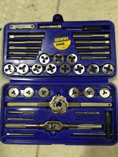 IRWIN HANSON 39 PC  TAP AND DIE SET #4 THROUGH 1/2&#034; NC, NF &amp; NPT SLIGHTLY USED