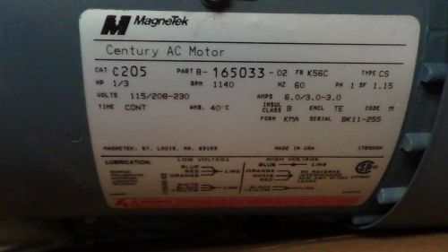 Magnetek century ac motor 1/3 hp 1140 rpm fd56c frame cat. c205 for sale