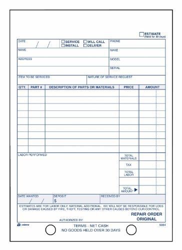 Adams repair order book, 5.56 x 8.44 inches, white, 2-part, 50 sheets (d5084) for sale