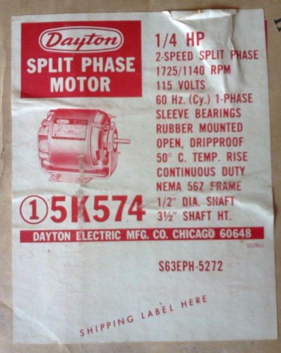Never used dayton motor 5k574 split phase 2 speed 1/4 hp 115 volts for sale