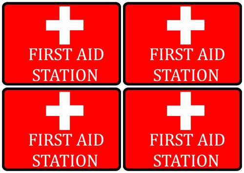 Red work place safety injured first aid station help signs set of four new s91 for sale
