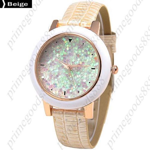 Fashioned Sparkle  PU Leather Quartz Lady Ladies Wristwatch Women&#039;s Beige