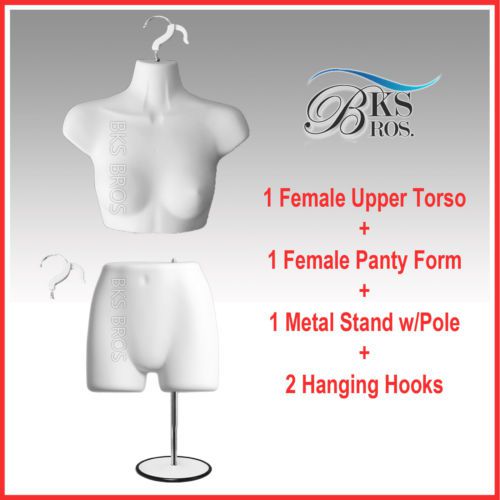 2 - white woman torso + female panty form mannequin w/metal stand+ hanging hooks for sale