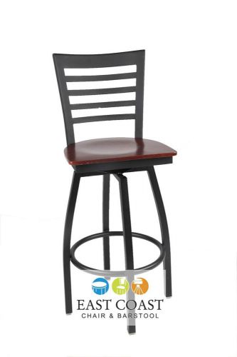 New Gladiator Full Ladder Back Metal Swivel Bar Stool with Mahogany Wood Seat