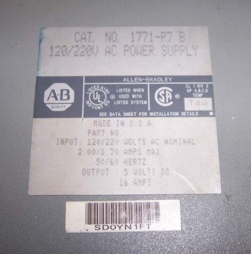 ALLEN BRADLEY AB BULLETIN 1771-P7 SER B AC 120VAC POWER SUPPLY 5VDC 16AMP OUTPUT