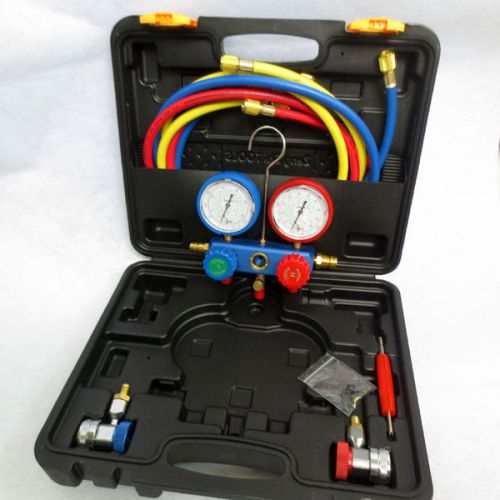 Aluminum manifold gauge kit r12 r22 r134a r502 a/c hvac refrigeration freon hf32 for sale