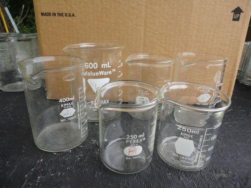 Lot of Six ( 6 ) Mixed heavy lip beakers 400ml  250ml Kimax Pyrex