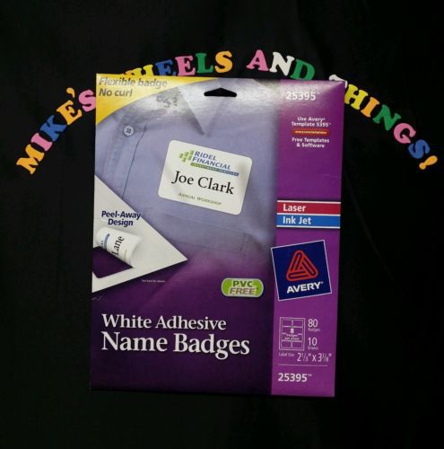 Avery White Adhesive Flexible Name Badges Laser Ink Jet - 10 Sheets/ 80 Badges