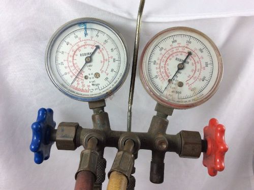 Vintage Brass Robinair 11692 &amp; 11693 A/C Manifold Gauges R-12 R-22 R-502